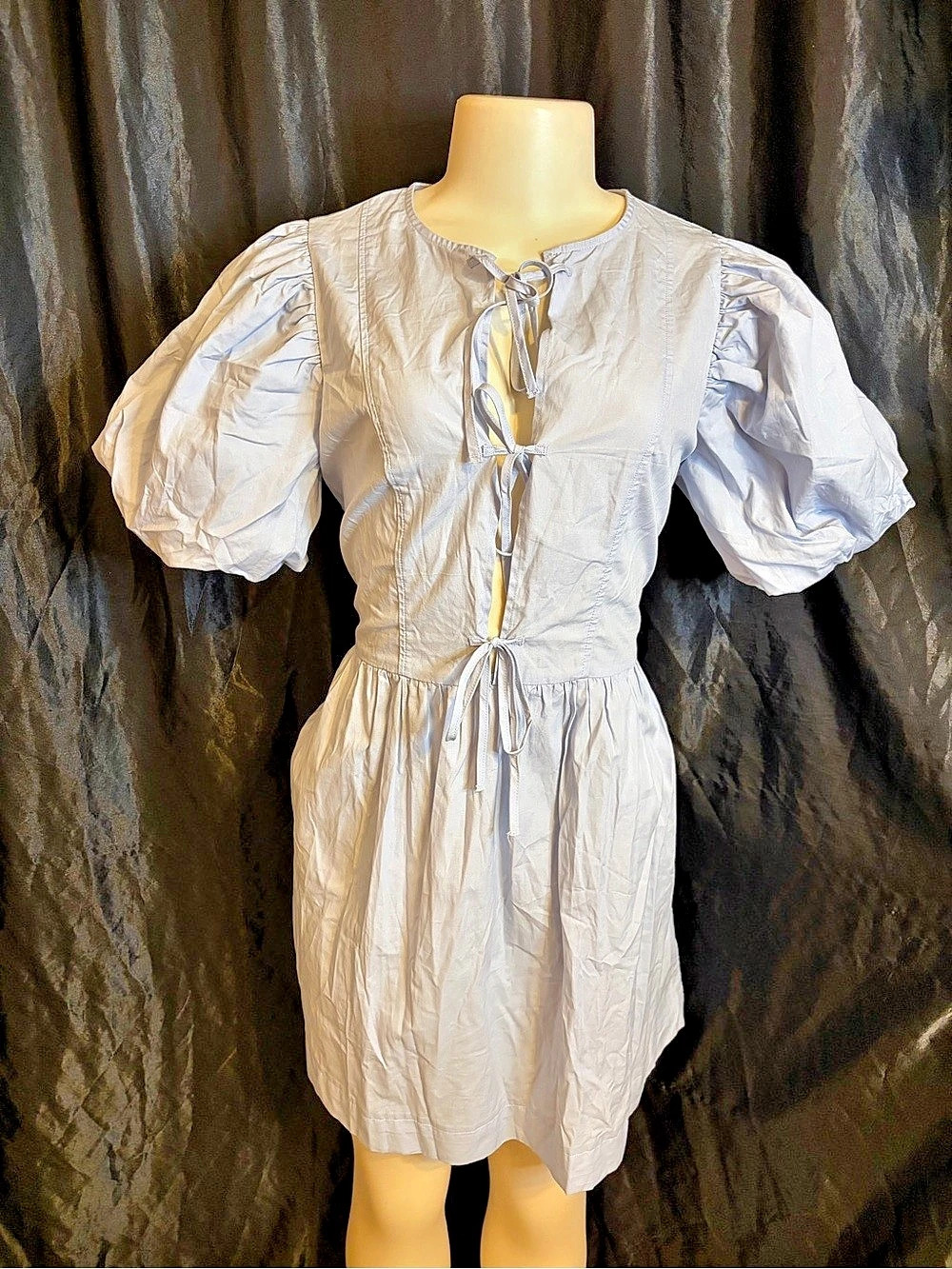 Cynthia Rowley Mini Puff Sleeve Lace-Up Dress in Blue XS Like New